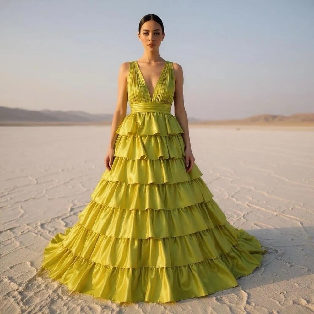 MacDuggal 67994 Chartreuse Sleeveless Tiered Ruffle Pleated Ball Gown Sz 10 $598 - Picture 2 of 16